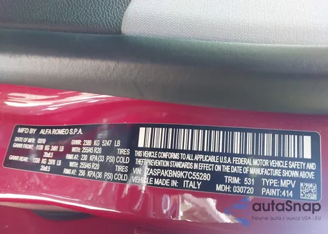 2019 Alfa Romeo Stelvio Ti Lusso Awd from USA, damaged, VIN ZASPAKBN9K7C55280